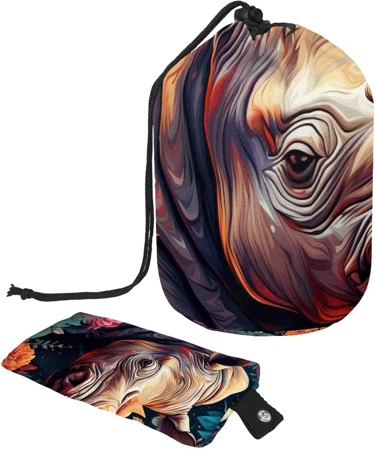 2 Pcs Cosmetic Bag bucket Travel Makeup Bags Large Capacity Soft Waterproof Portable Drawstring Cosmetic Bag, Art Flowers Rhino 7