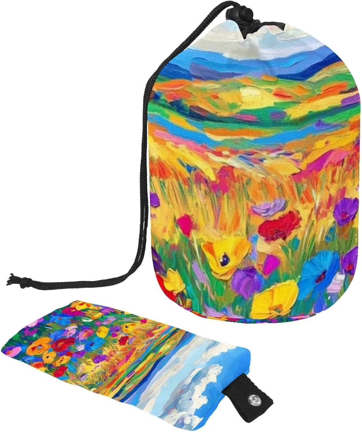 2 Pcs Cosmetic Bag bucket Travel Makeup Bags Large Capacity Soft Waterproof Portable Drawstring Cosmetic Bag, Art Sky Colorful Flowers Field 19