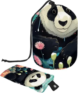 2 Pcs Cosmetic Bag bucket Travel Makeup Bags Large Capacity Soft Waterproof Portable Drawstring Cosmetic Bag, Cute Panda Colorful Flower
