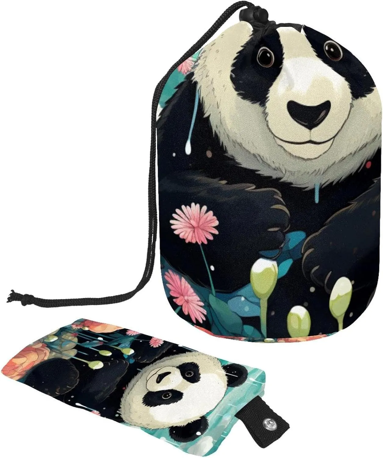 2 Pcs Cosmetic Bag bucket Travel Makeup Bags Large Capacity Soft Waterproof Portable Drawstring Cosmetic Bag, Cute Panda Colorful Flower