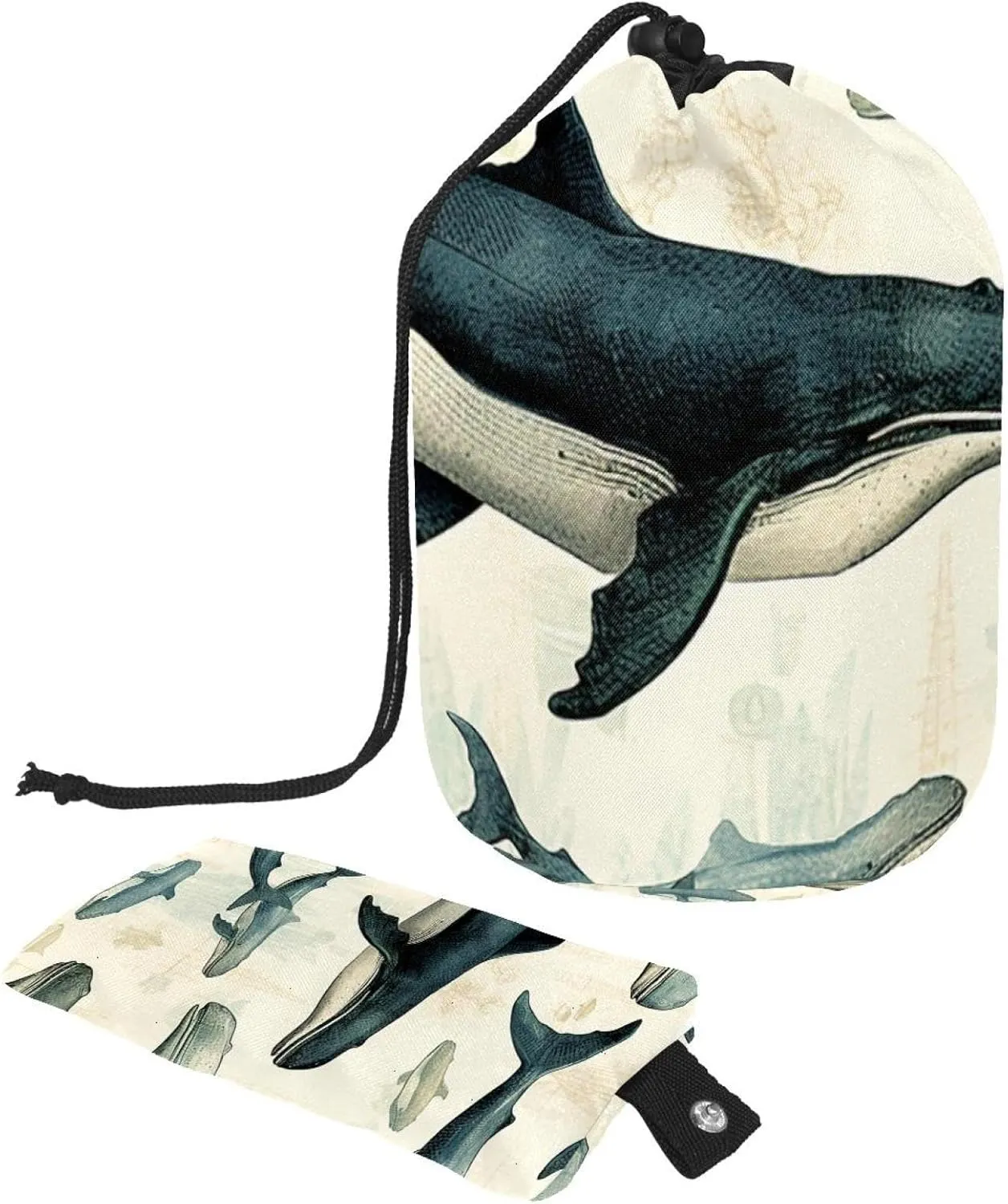 2 Pcs Cosmetic Bag bucket Travel Makeup Bags Large Capacity Soft Waterproof Portable Drawstring Cosmetic Bag, Retro Whale Sea Animal