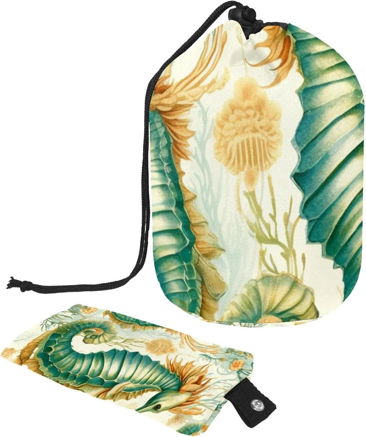 2 Pcs Cosmetic Bag bucket Travel Makeup Bags Large Capacity Soft Waterproof Portable Drawstring Cosmetic Bag, Vintage Florals Seahorse