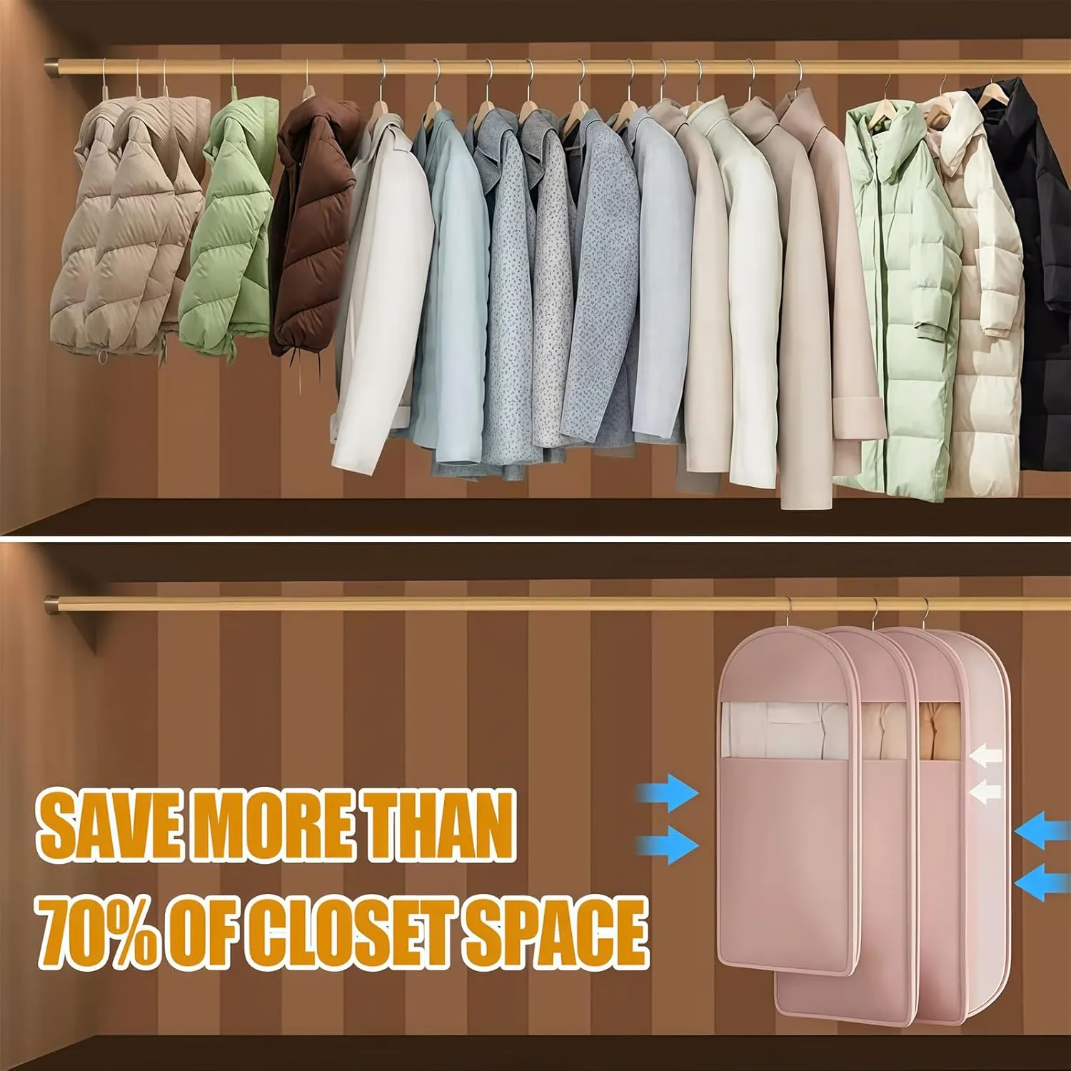 2025 Space Saving Hanging Garment Bag with Self Compression Zipper, Coat Storage Bag Hanging, Garment Bags for Hanging Clothes (Pink,3 PCS)