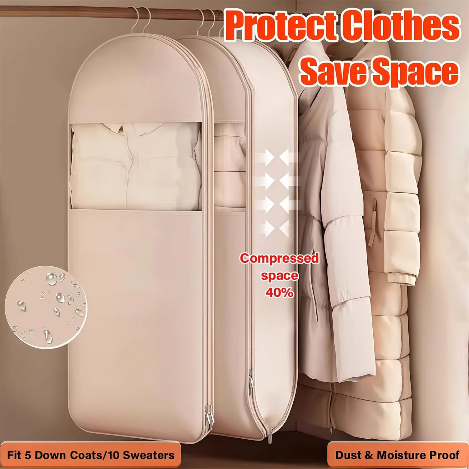 2025 Space Saving Hanging Garment Bag with Self Compression Zipper, Coat Storage Bag Hanging, Garment Bags for Hanging Clothes (Pink,3 PCS)