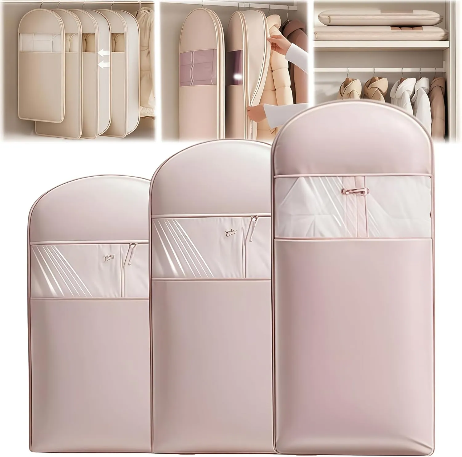 2025 Space Saving Hanging Garment Bag with Self Compression Zipper, Coat Storage Bag Hanging, Garment Bags for Hanging Clothes (Pink,3 PCS)