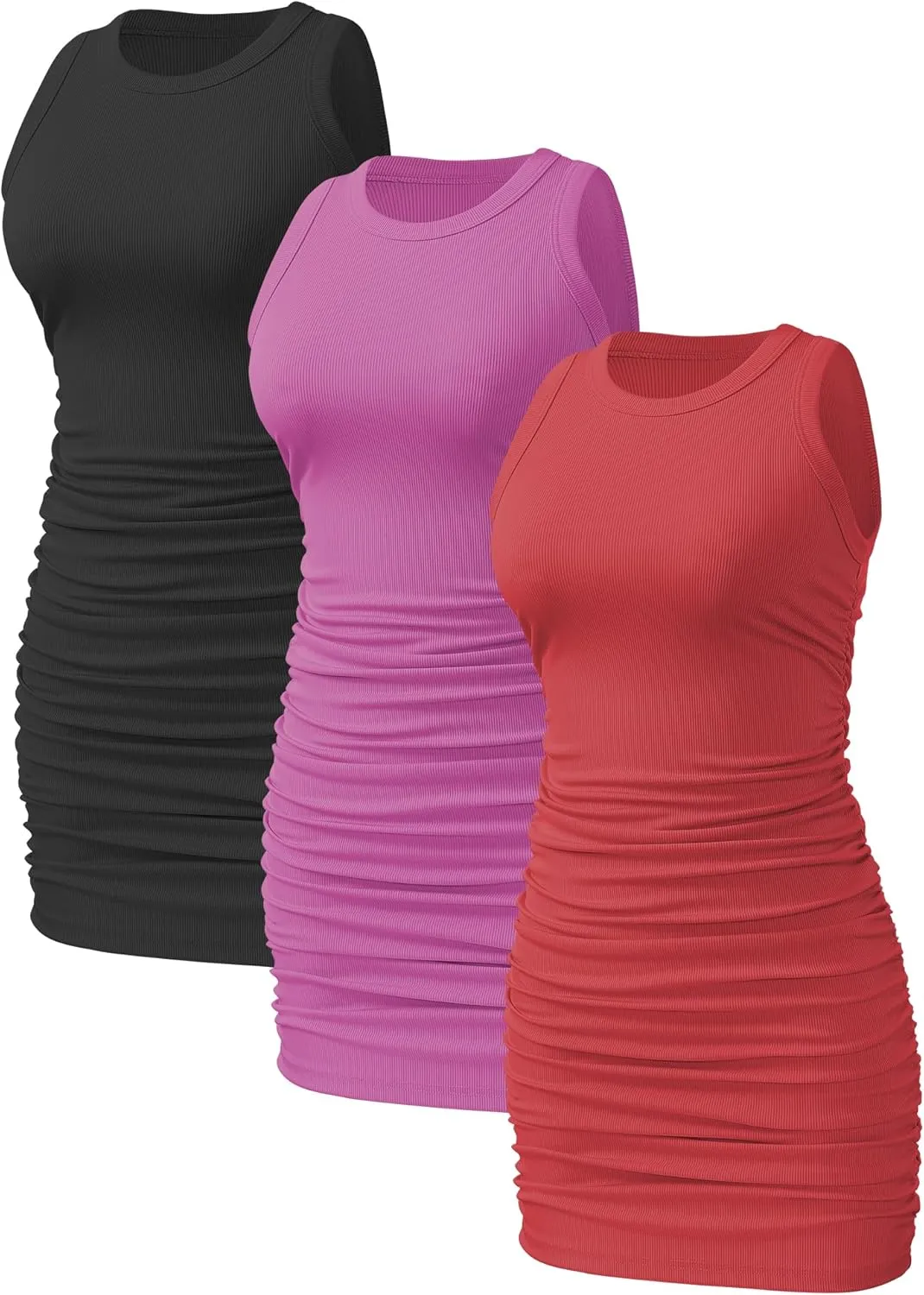 3 Pack Womens Sleeveless Summer Dress Crew Neck Slim Fit Ribbed Stretch Ruched Bodycon Casual Mini Dresses