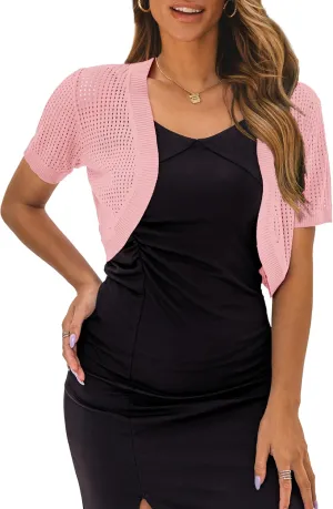 AAMILIFE Women's Short Sleeve Ligtweight Shrug Open Front Cardigan Hollow Out Sweater