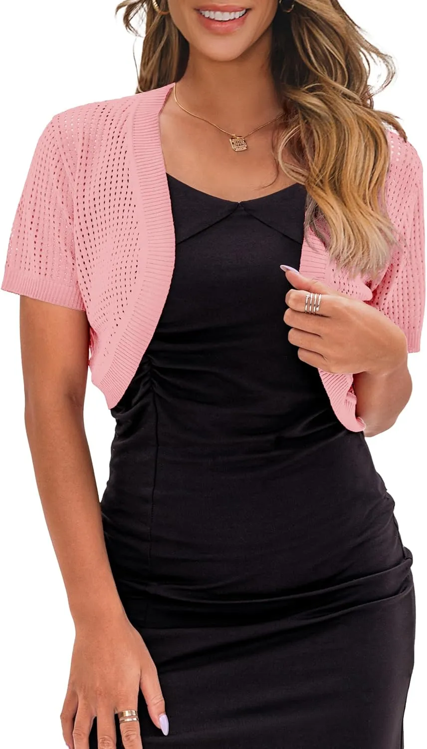 AAMILIFE Women's Short Sleeve Ligtweight Shrug Open Front Cardigan Hollow Out Sweater