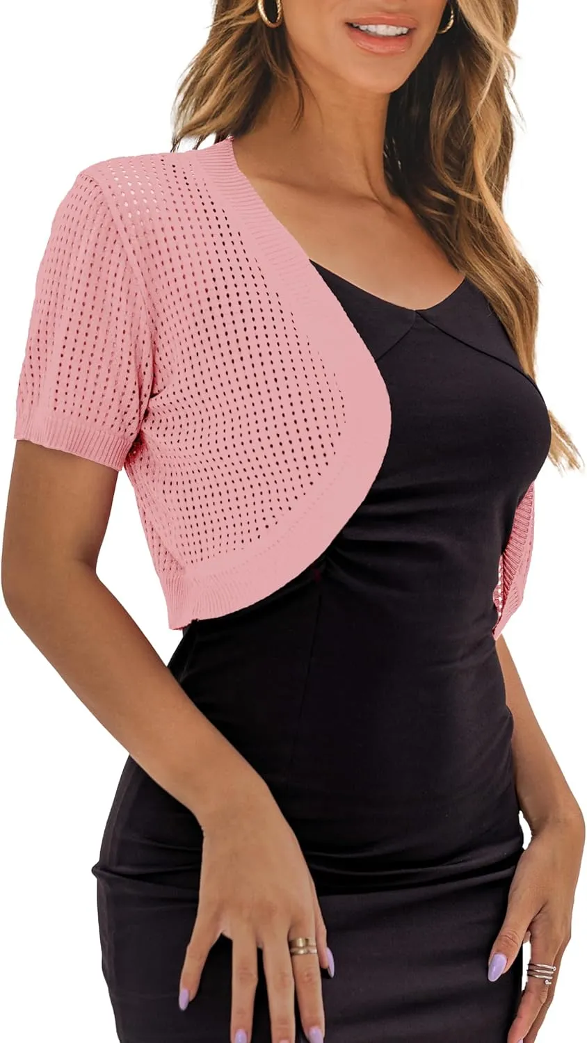 AAMILIFE Women's Short Sleeve Ligtweight Shrug Open Front Cardigan Hollow Out Sweater
