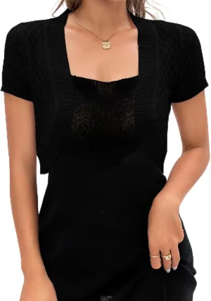 AAMILIFE Women's Short Sleeve Ligtweight Shrug Open Front Cardigan Hollow Out Sweater