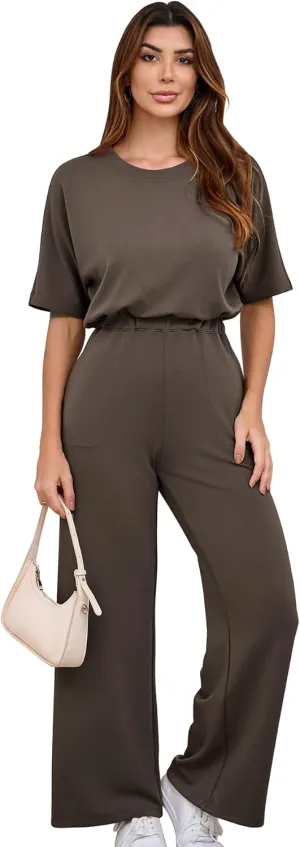 AIBIANOCEL Women's Jumpsuit Casual Short Sleeve Wide Leg Pants Loose One Piece Jumpsuit Outfits with Pockets