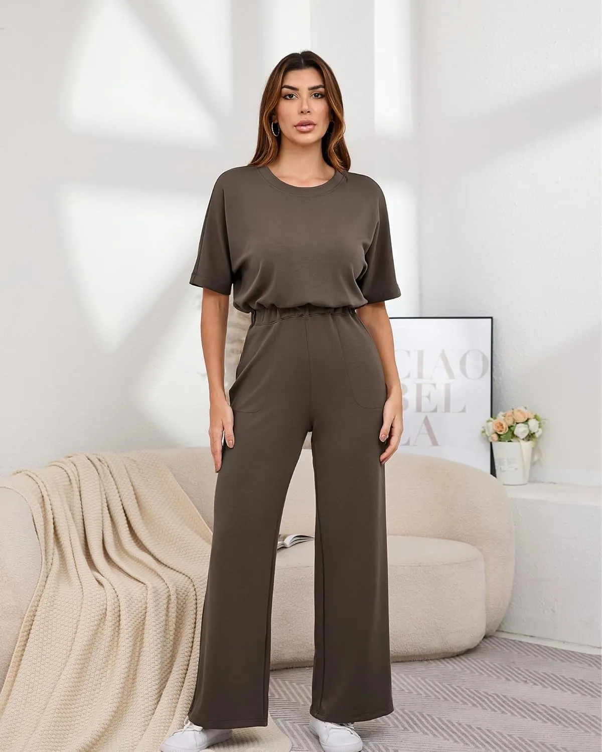 AIBIANOCEL Women's Jumpsuit Casual Short Sleeve Wide Leg Pants Loose One Piece Jumpsuit Outfits with Pockets