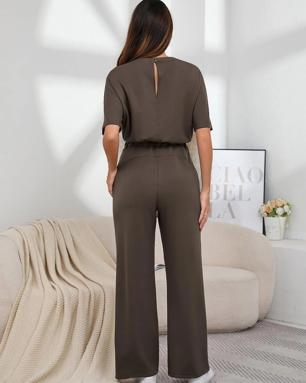 AIBIANOCEL Women's Jumpsuit Casual Short Sleeve Wide Leg Pants Loose One Piece Jumpsuit Outfits with Pockets