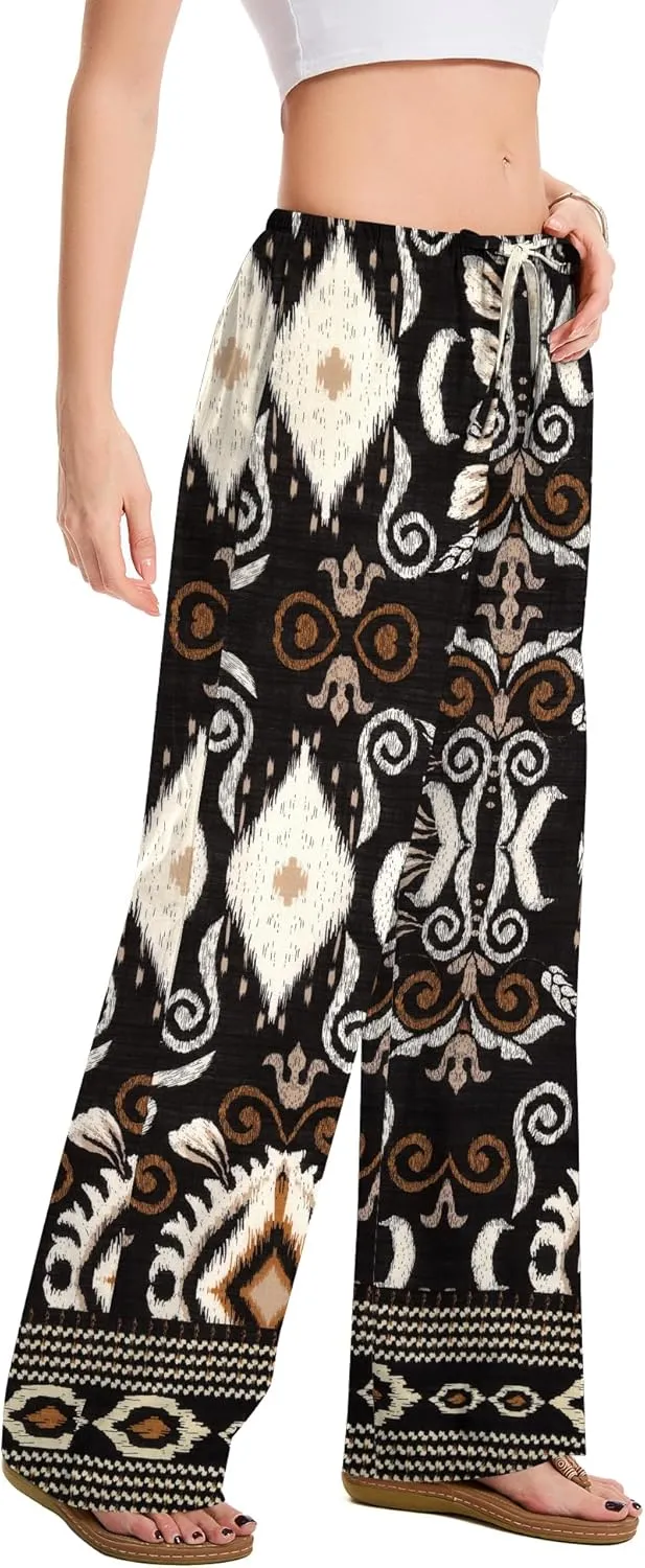 AKEWEI Women Cotton Linen Summer Palazzo Pants Drawstring Waist Wide Leg Lightweight Beach Trousers with Pockets