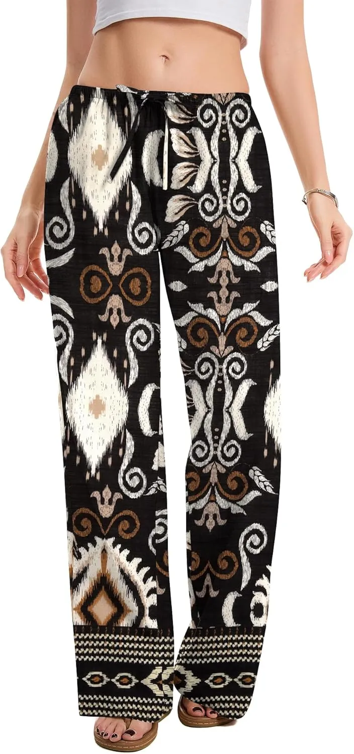 AKEWEI Women Cotton Linen Summer Palazzo Pants Drawstring Waist Wide Leg Lightweight Beach Trousers with Pockets