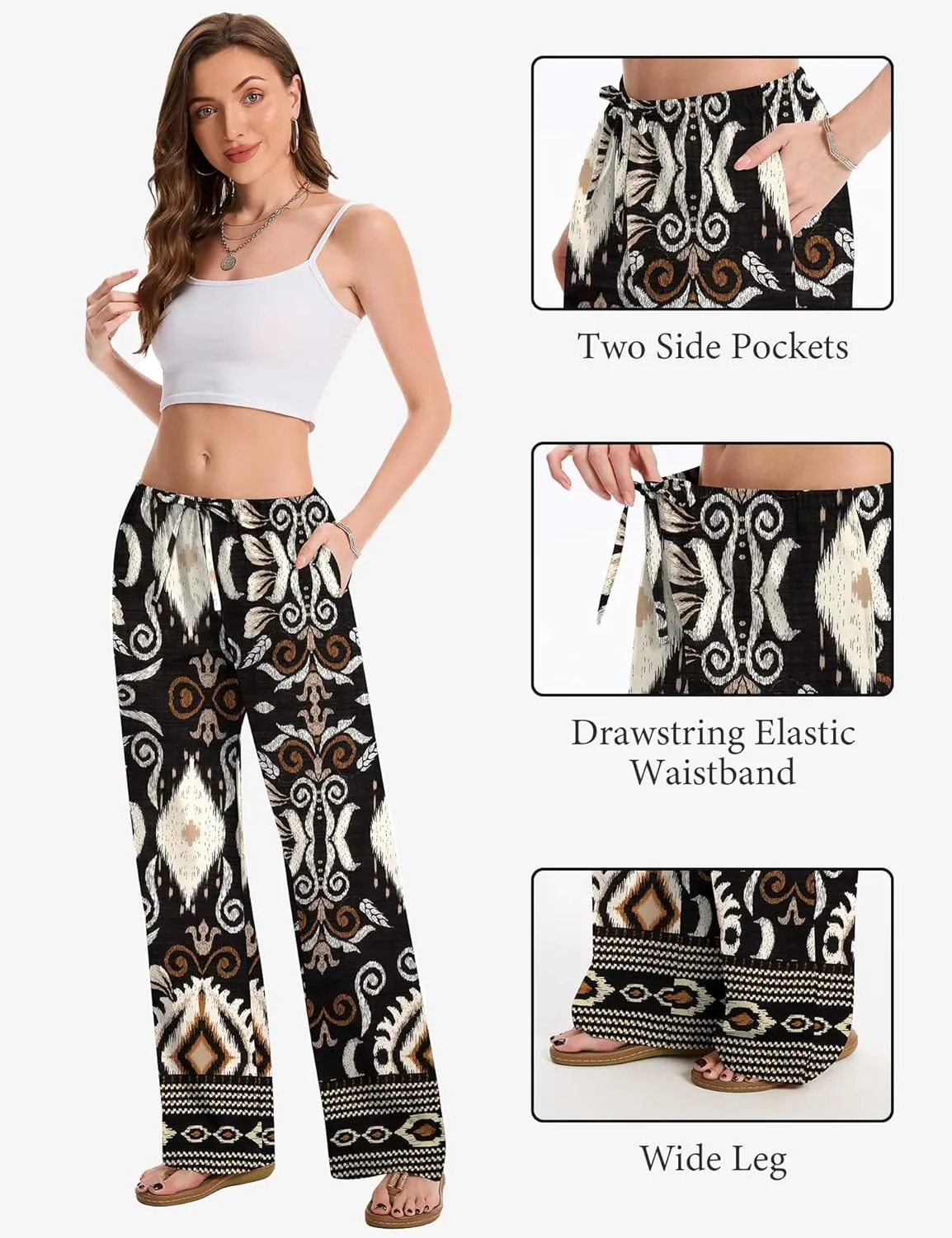 AKEWEI Women Cotton Linen Summer Palazzo Pants Drawstring Waist Wide Leg Lightweight Beach Trousers with Pockets