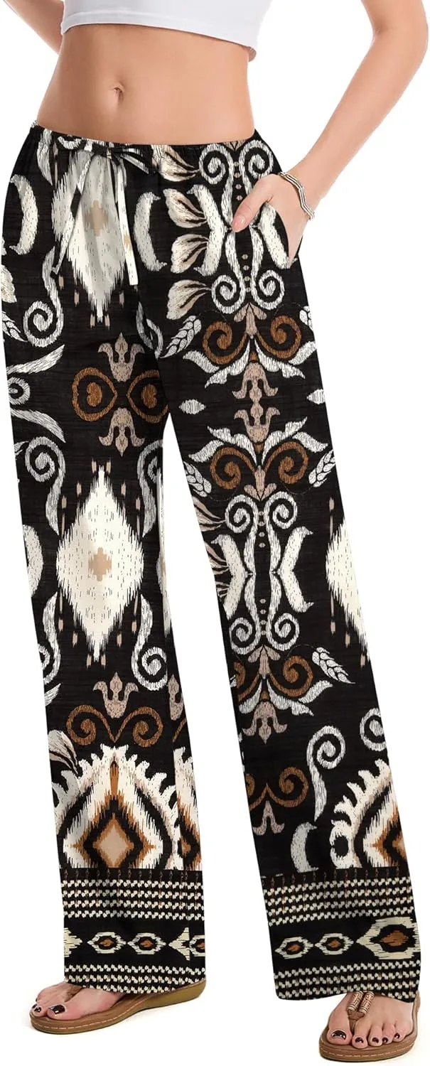 AKEWEI Women Cotton Linen Summer Palazzo Pants Drawstring Waist Wide Leg Lightweight Beach Trousers with Pockets