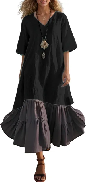 Akivide Women's Summer Cotton Linen Dress V Neck Short Sleeve Patchwork Flowy Casual Beach Vacation Midi Dresses