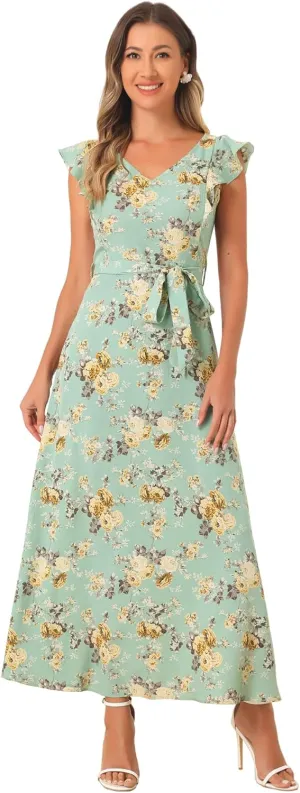 Allegra K Maxi Dresses for Women's Summer Belted Ruffle Slevee Floral Dress