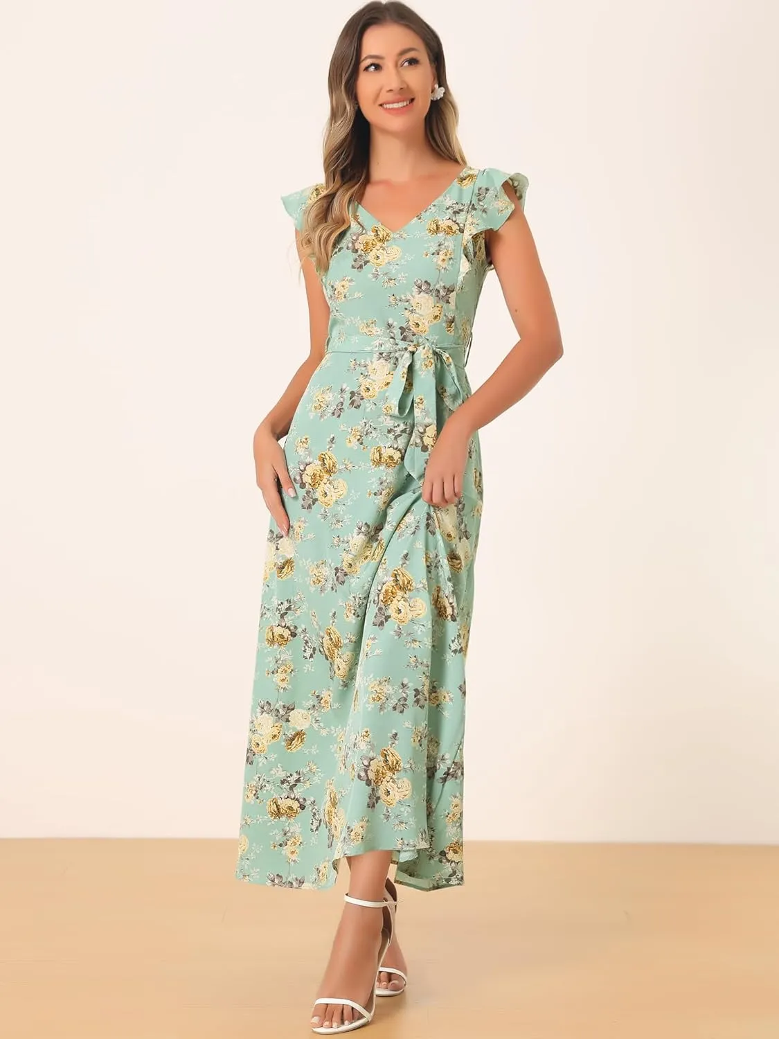 Allegra K Maxi Dresses for Women's Summer Belted Ruffle Slevee Floral Dress