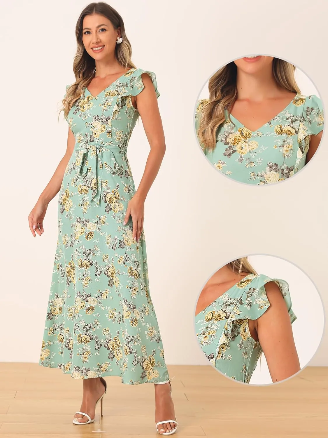 Allegra K Maxi Dresses for Women's Summer Belted Ruffle Slevee Floral Dress