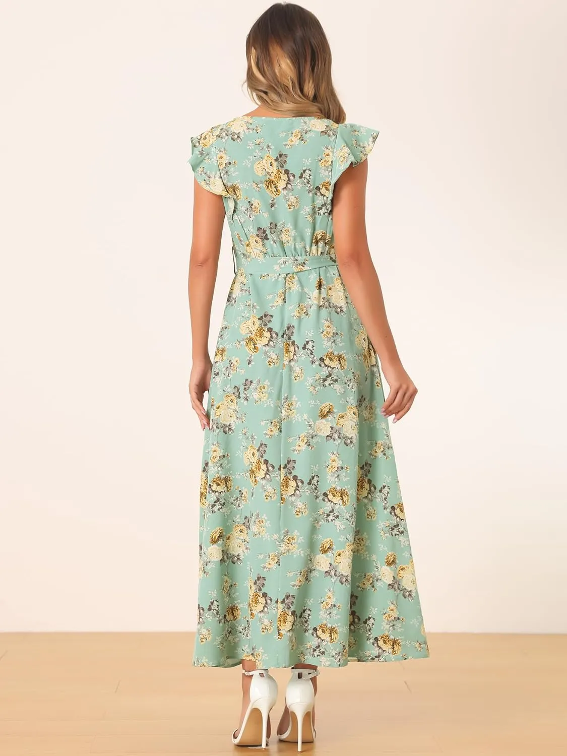 Allegra K Maxi Dresses for Women's Summer Belted Ruffle Slevee Floral Dress