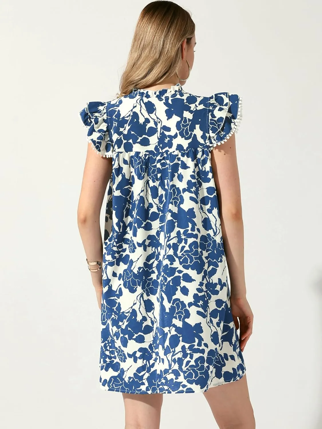 Allegra K Women's Babydoll Dress Ruffle Mock Neck Cap Sleeve Self Tie Mini Floral Dresses