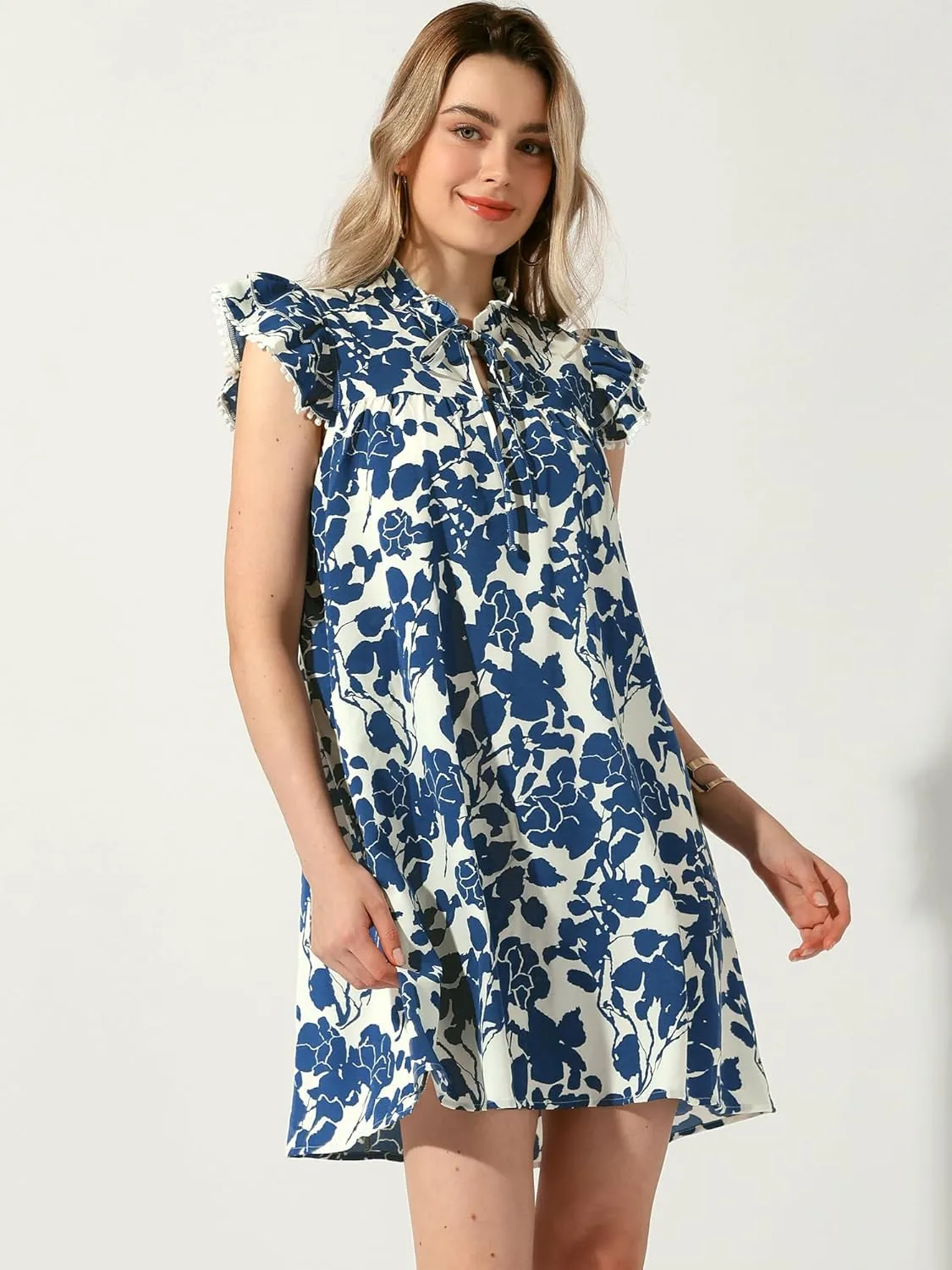 Allegra K Women's Babydoll Dress Ruffle Mock Neck Cap Sleeve Self Tie Mini Floral Dresses