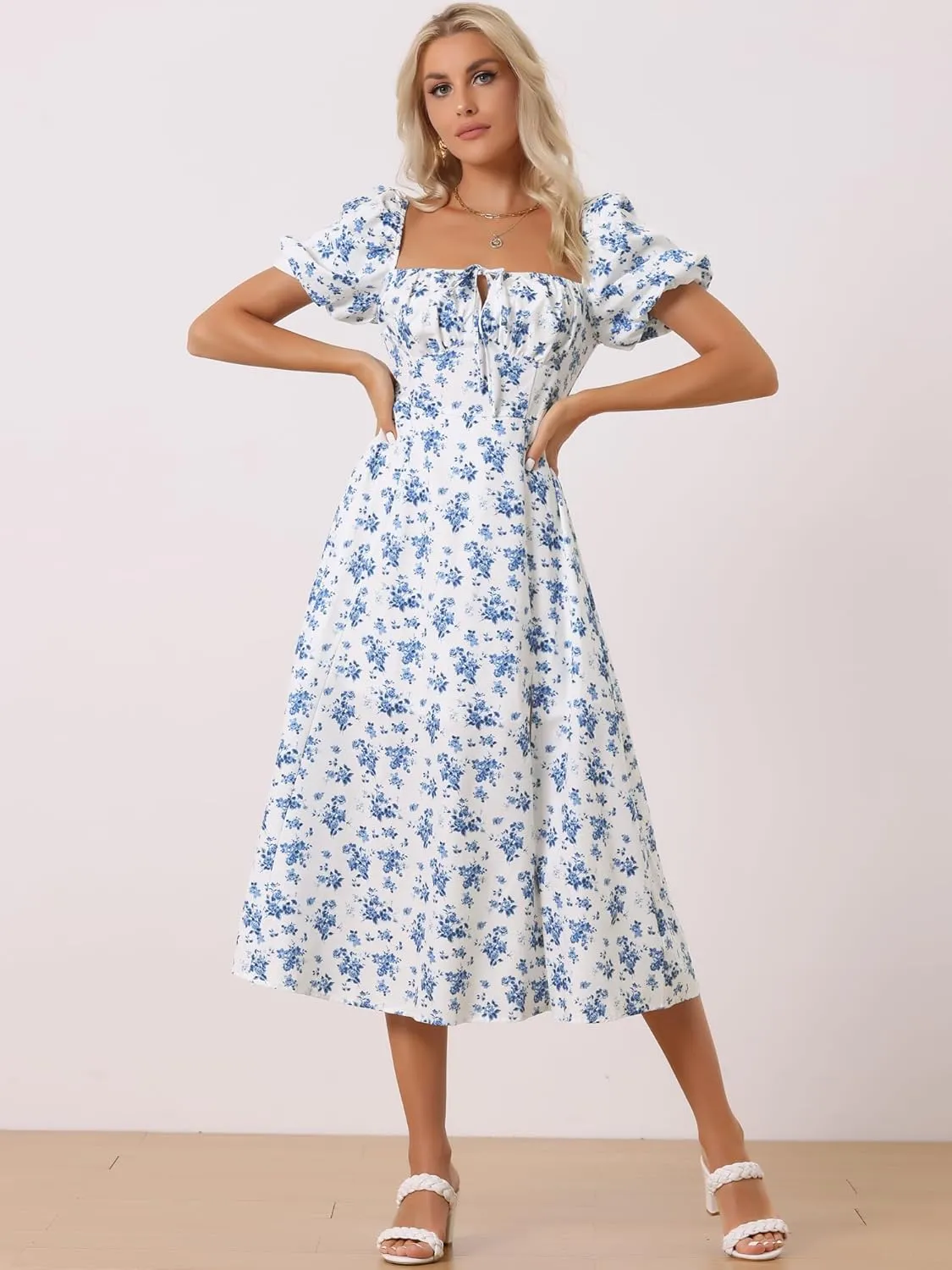 Allegra K Women's Floral Sweatheart Tie Neck Split Smocked Puff Sleeves Maxi Dress