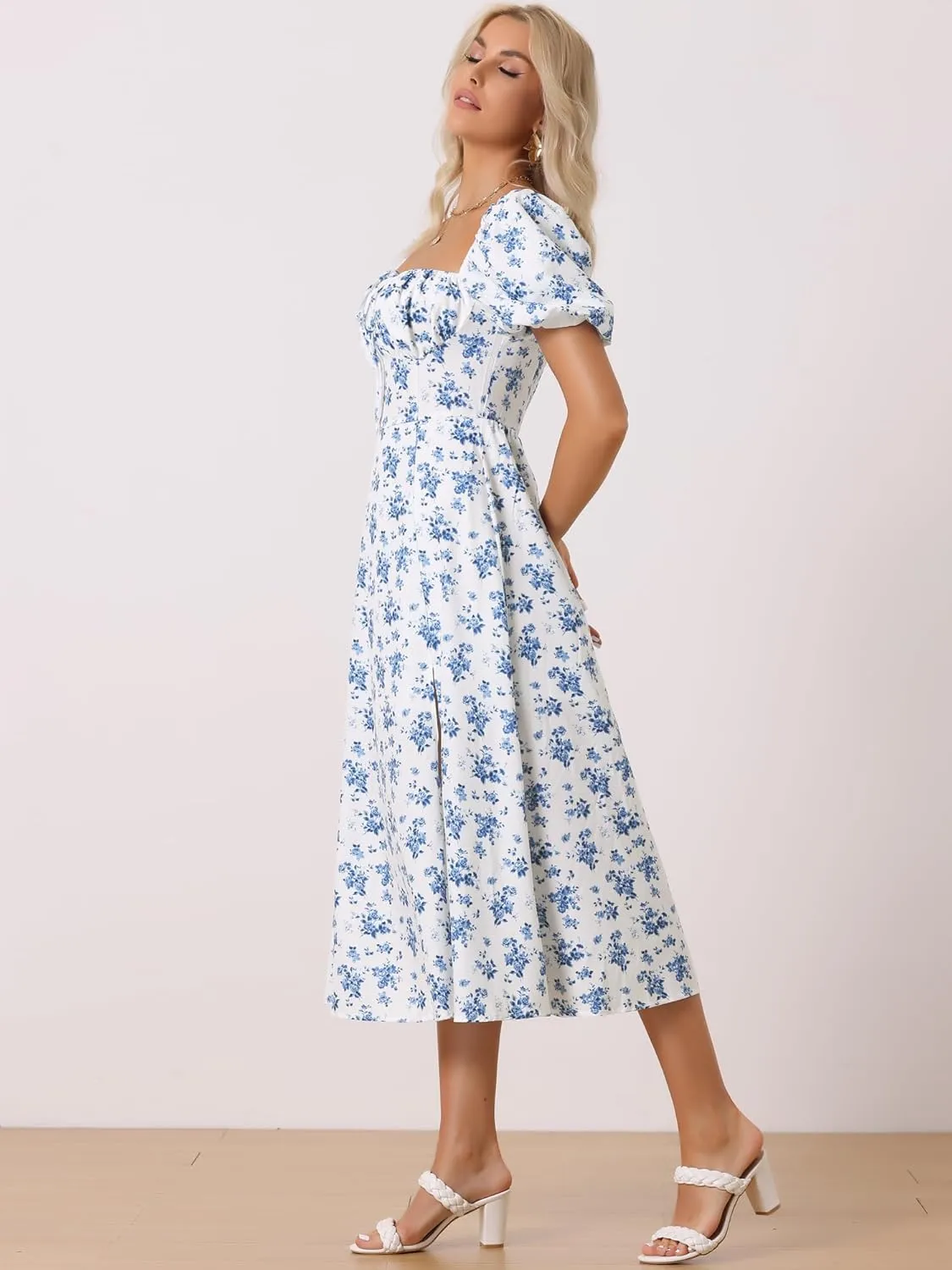 Allegra K Women's Floral Sweatheart Tie Neck Split Smocked Puff Sleeves Maxi Dress
