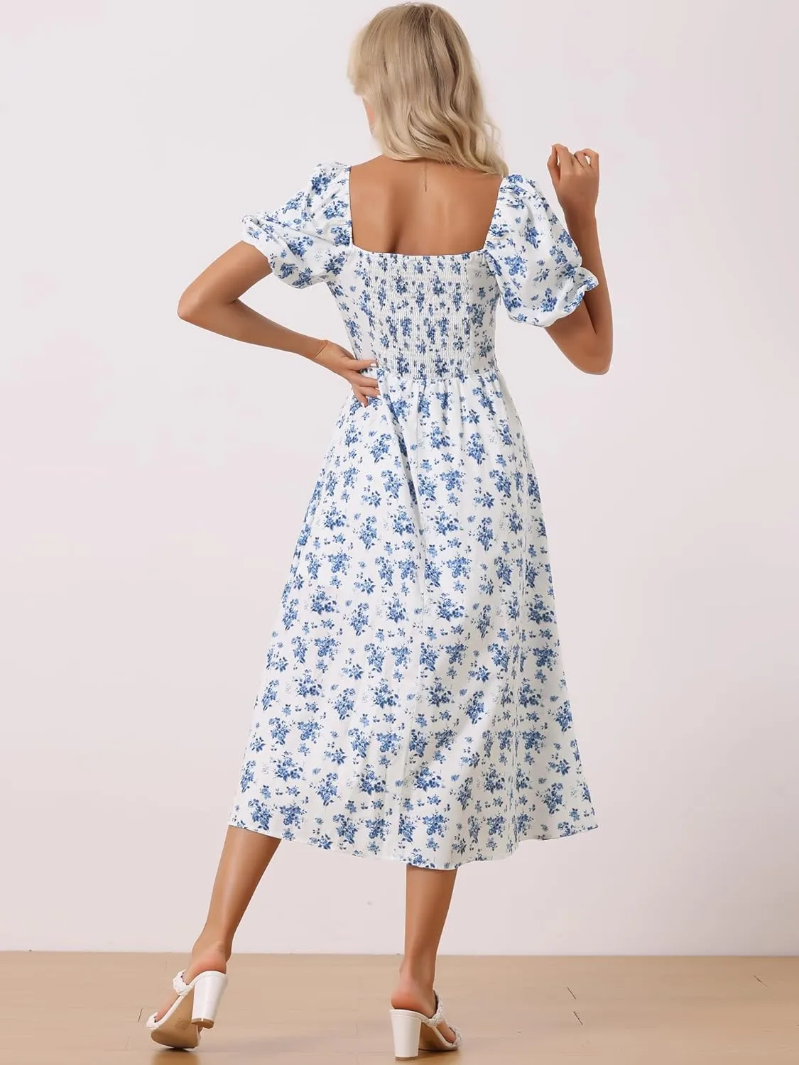 Allegra K Women's Floral Sweatheart Tie Neck Split Smocked Puff Sleeves Maxi Dress