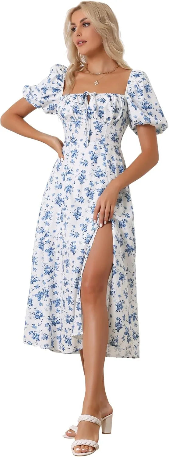 Allegra K Women's Floral Sweatheart Tie Neck Split Smocked Puff Sleeves Maxi Dress