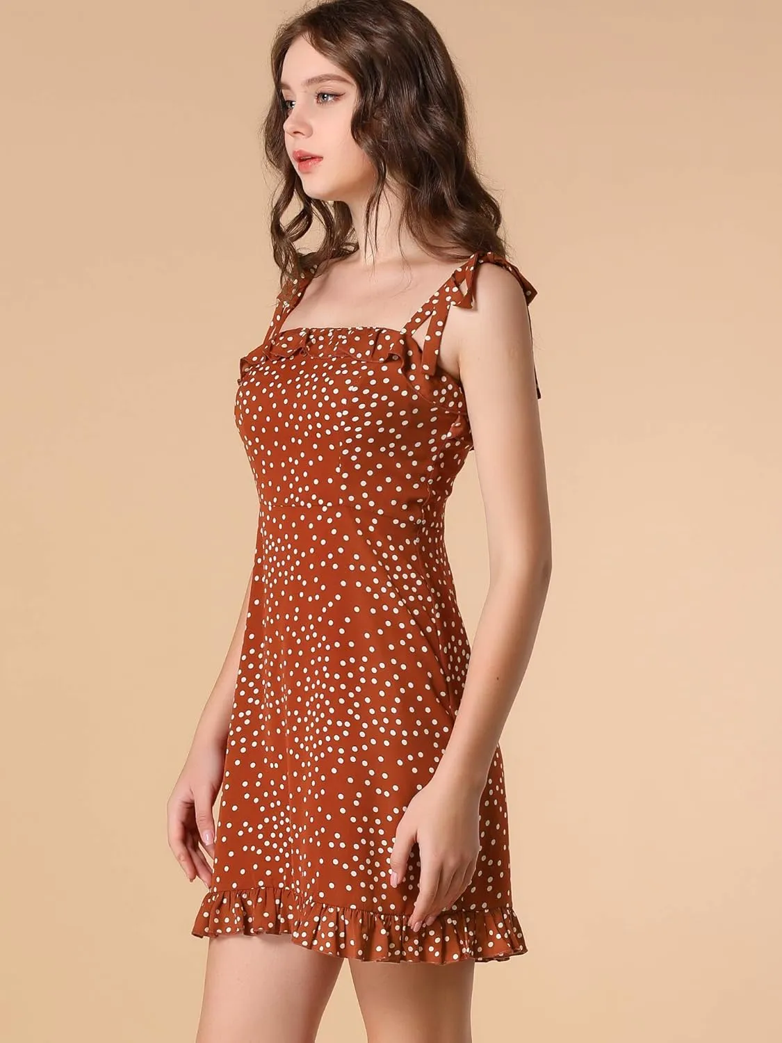 Allegra K Women's Printed Spaghetti Strap Summer Ruffle Flare Mini Slip Dress