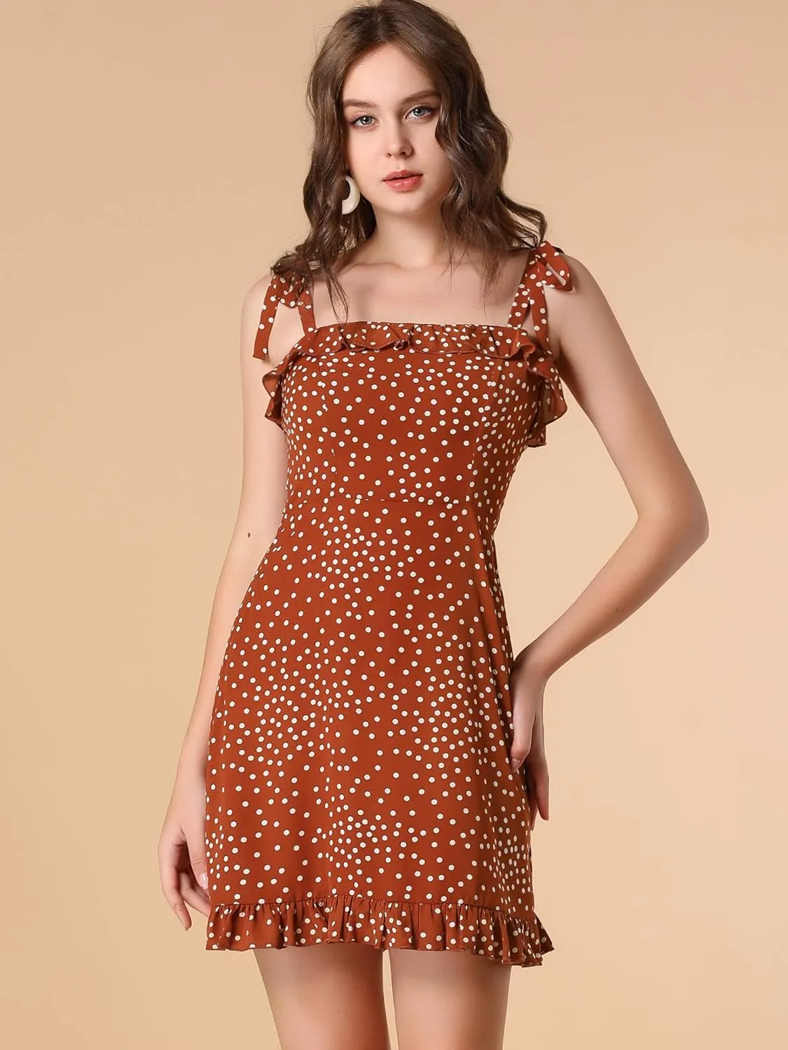 Allegra K Women's Printed Spaghetti Strap Summer Ruffle Flare Mini Slip Dress