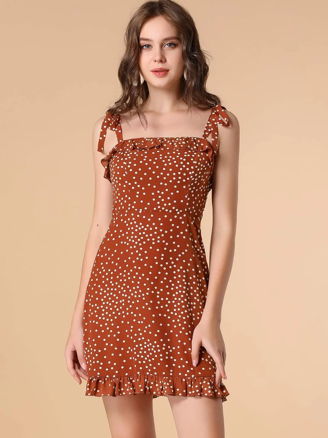 Allegra K Women's Printed Spaghetti Strap Summer Ruffle Flare Mini Slip Dress
