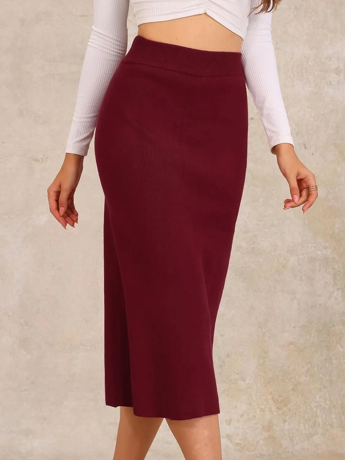 Allegra K Women's Sweater Skirts Ribbed Knit Elastic High Waist Stretchy Slit Casual Office Pencil Midi Skirt