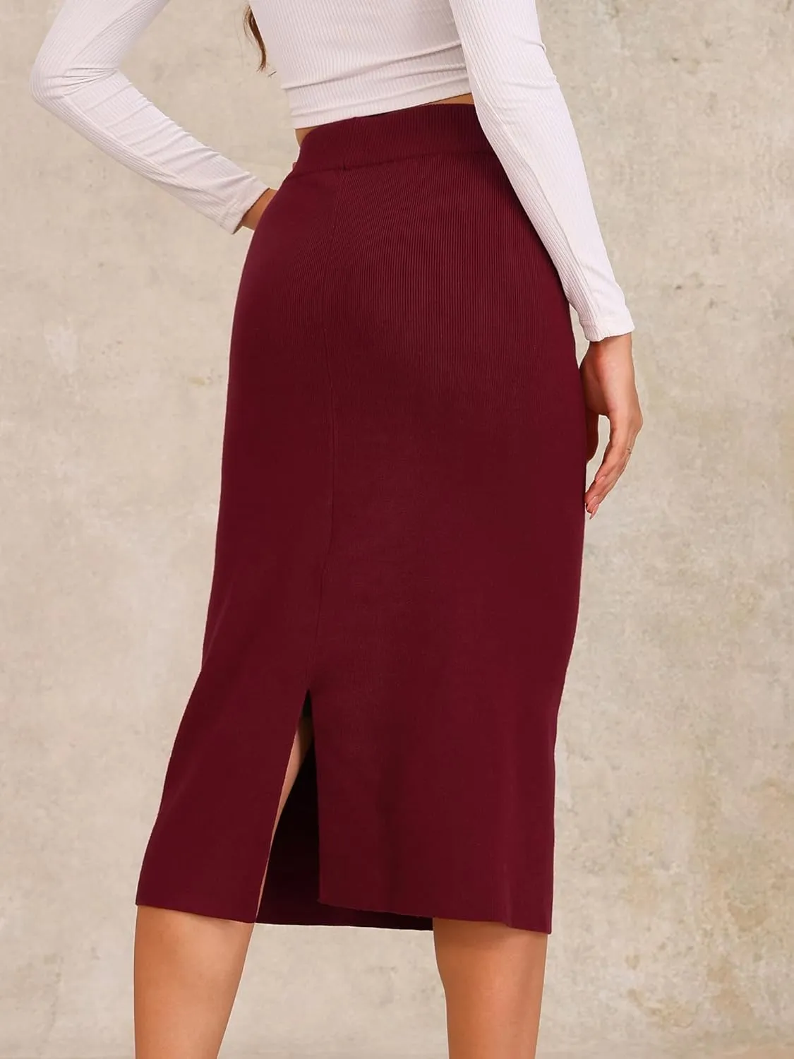 Allegra K Women's Sweater Skirts Ribbed Knit Elastic High Waist Stretchy Slit Casual Office Pencil Midi Skirt