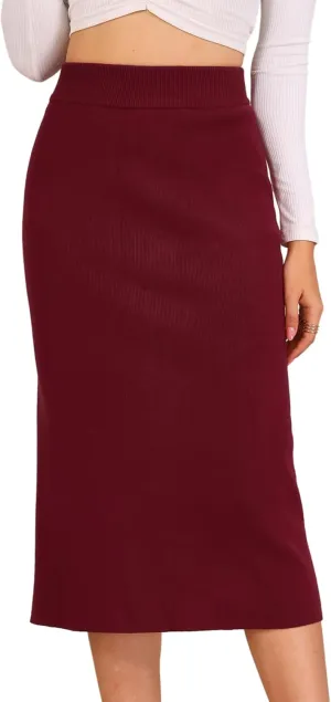 Allegra K Women's Sweater Skirts Ribbed Knit Elastic High Waist Stretchy Slit Casual Office Pencil Midi Skirt