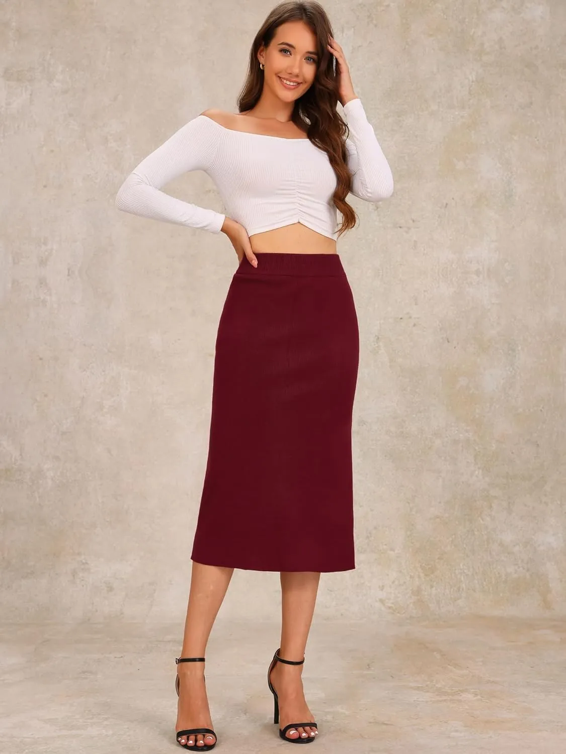 Allegra K Women's Sweater Skirts Ribbed Knit Elastic High Waist Stretchy Slit Casual Office Pencil Midi Skirt