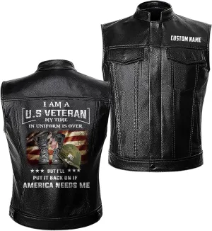 America Needs Me|Proud Us Army Veteran|Custom Name |Men Black Leather Vest Jacket Coat