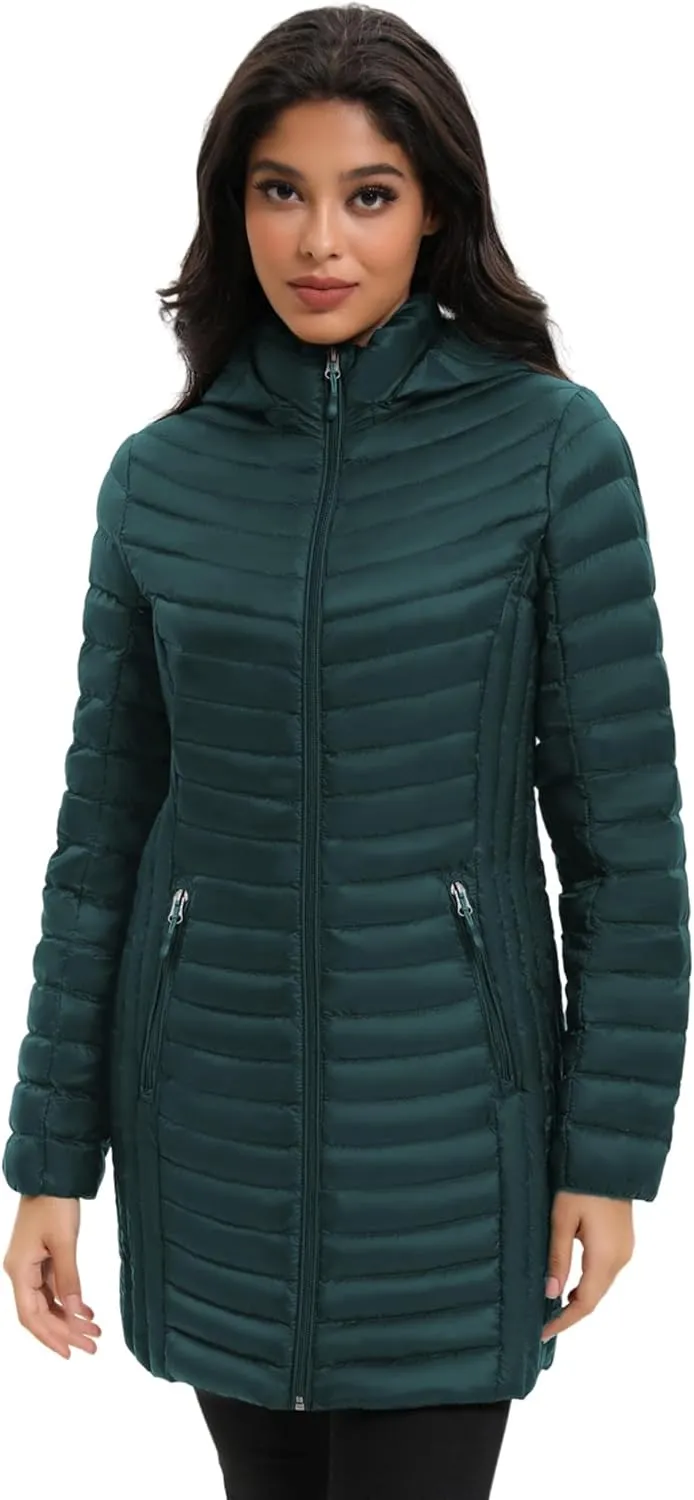 ANOTHER CHOICE Women Ultralightweight Down Coat, Winter Puffer Jacket with Detachable Hood Stretchy Panel Rollable