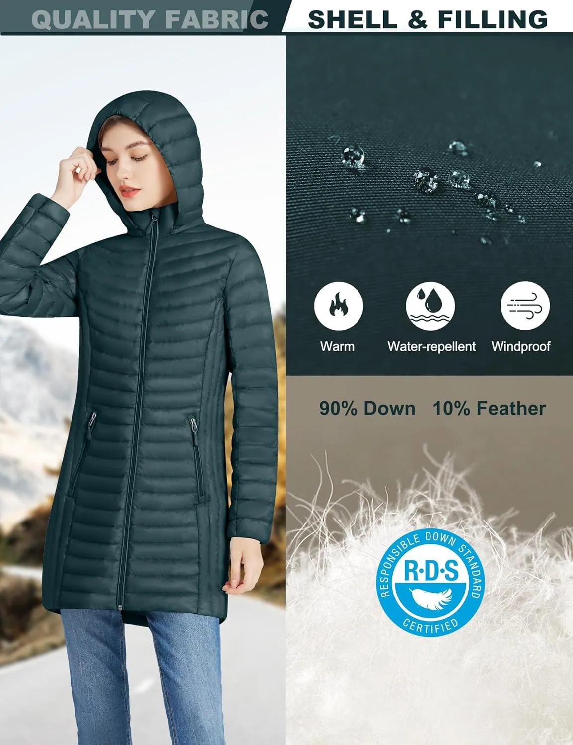 ANOTHER CHOICE Women Ultralightweight Down Coat, Winter Puffer Jacket with Detachable Hood Stretchy Panel Rollable