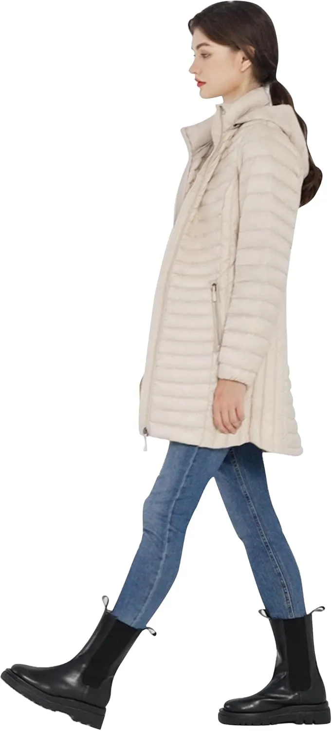 ANOTHER CHOICE Women Ultralightweight Down Coat, Winter Puffer Jacket with Detachable Hood Stretchy Panel Rollable