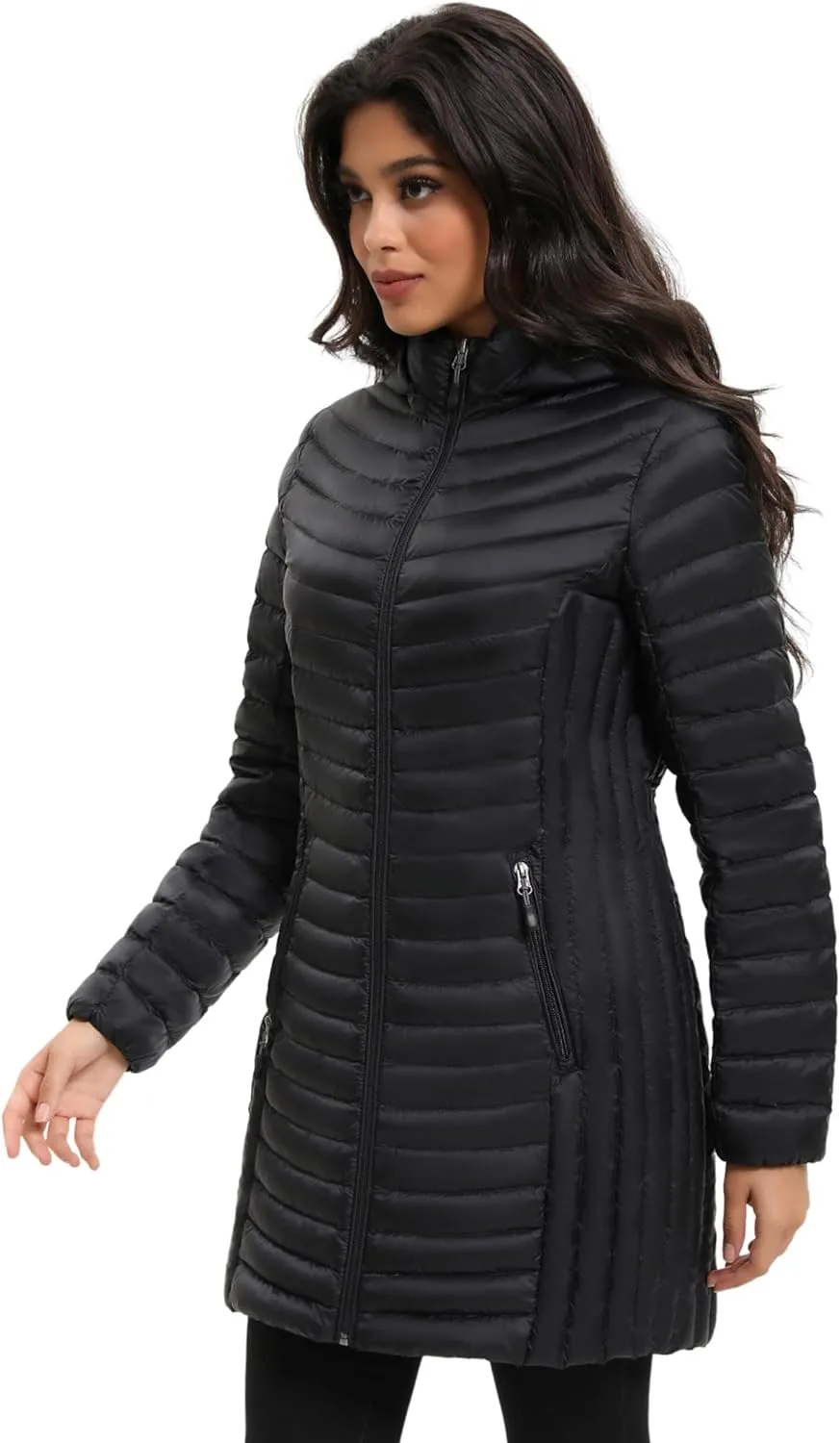 ANOTHER CHOICE Women Ultralightweight Down Coat, Winter Puffer Jacket with Detachable Hood Stretchy Panel Rollable