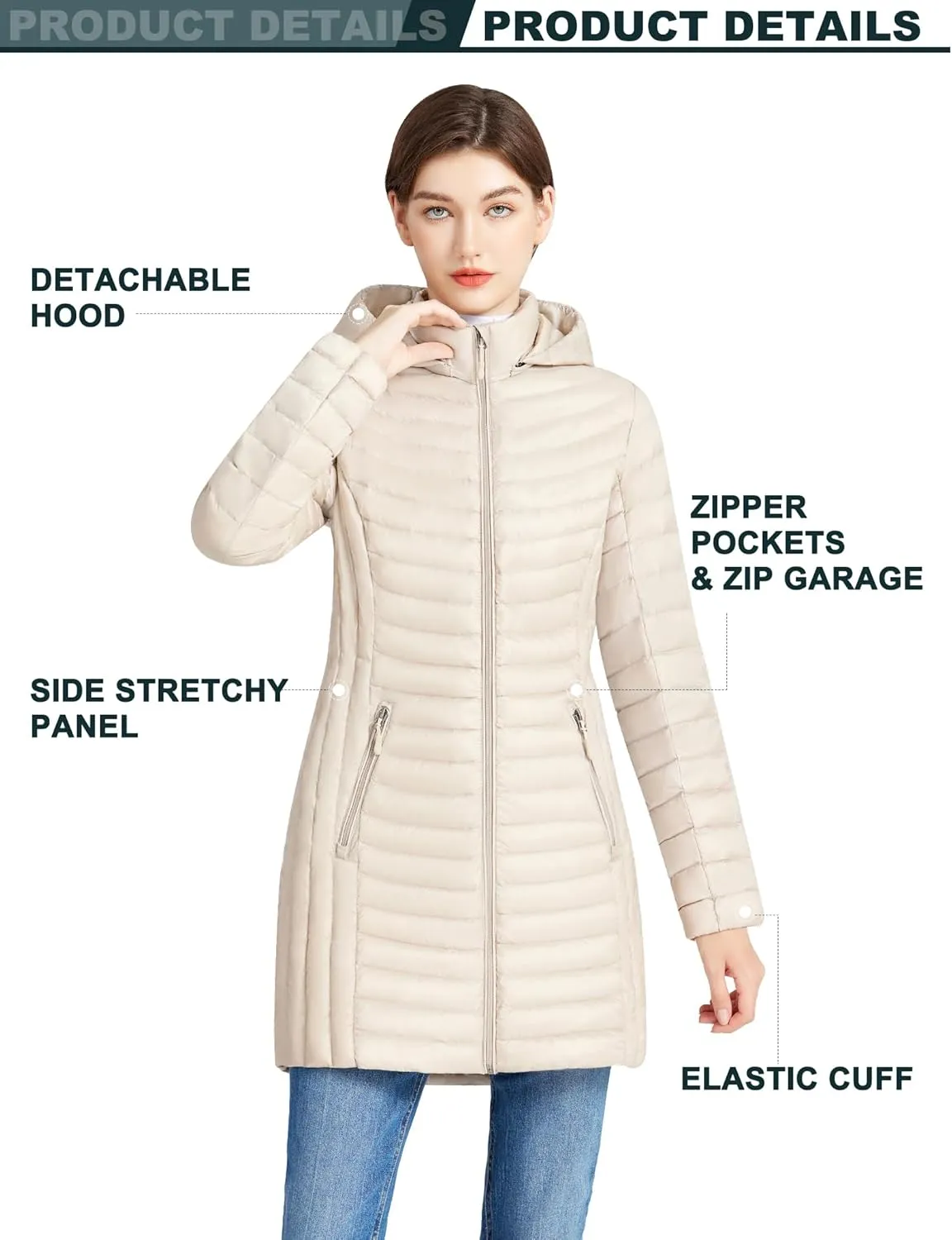 ANOTHER CHOICE Women Ultralightweight Down Coat, Winter Puffer Jacket with Detachable Hood Stretchy Panel Rollable