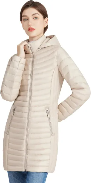 ANOTHER CHOICE Women Ultralightweight Down Coat, Winter Puffer Jacket with Detachable Hood Stretchy Panel Rollable
