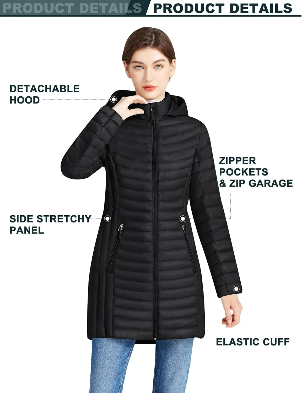 ANOTHER CHOICE Women Ultralightweight Down Coat, Winter Puffer Jacket with Detachable Hood Stretchy Panel Rollable