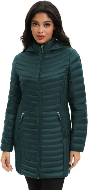 ANOTHER CHOICE Women Ultralightweight Down Coat, Winter Puffer Jacket with Detachable Hood Stretchy Panel Rollable