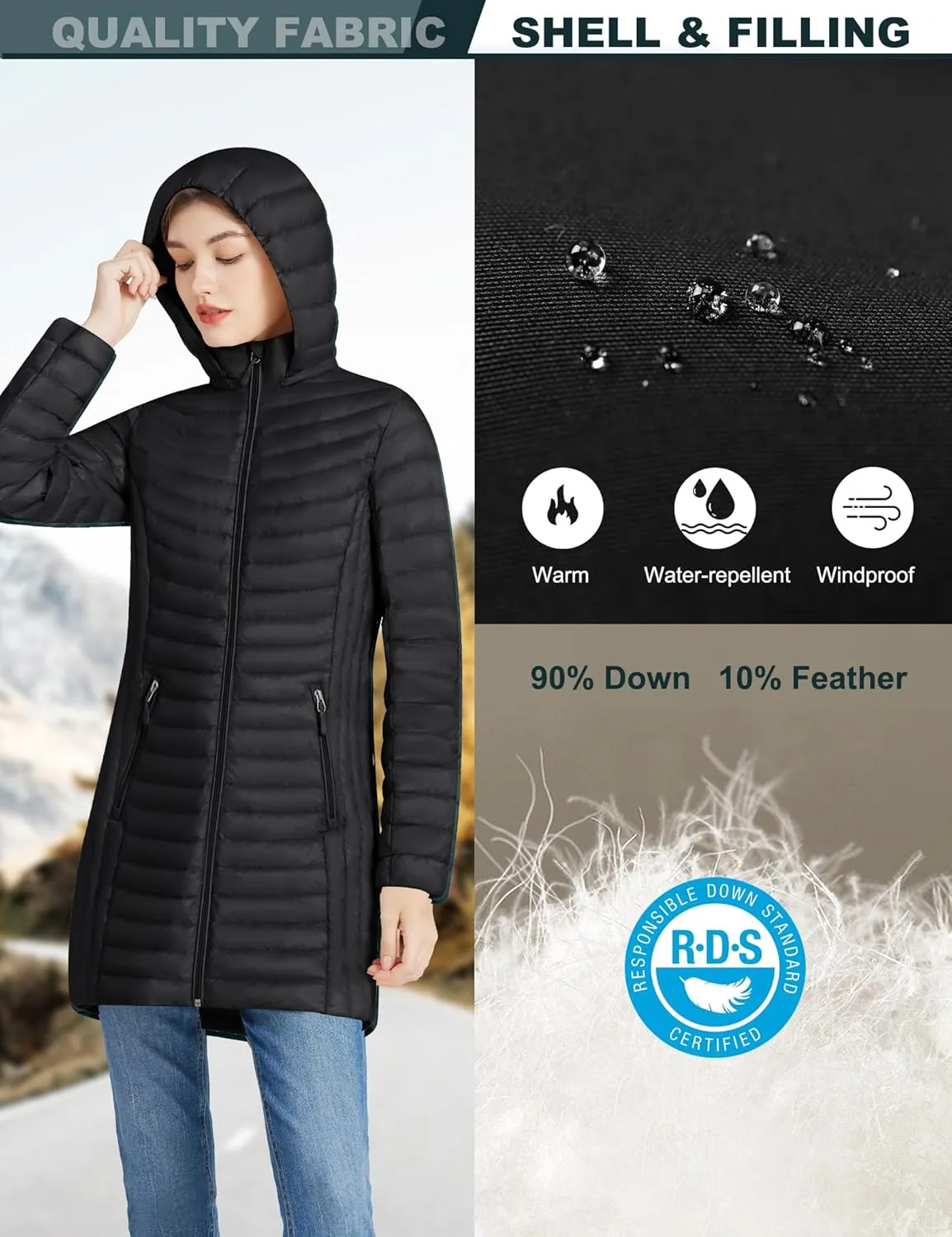 ANOTHER CHOICE Women Ultralightweight Down Coat, Winter Puffer Jacket with Detachable Hood Stretchy Panel Rollable