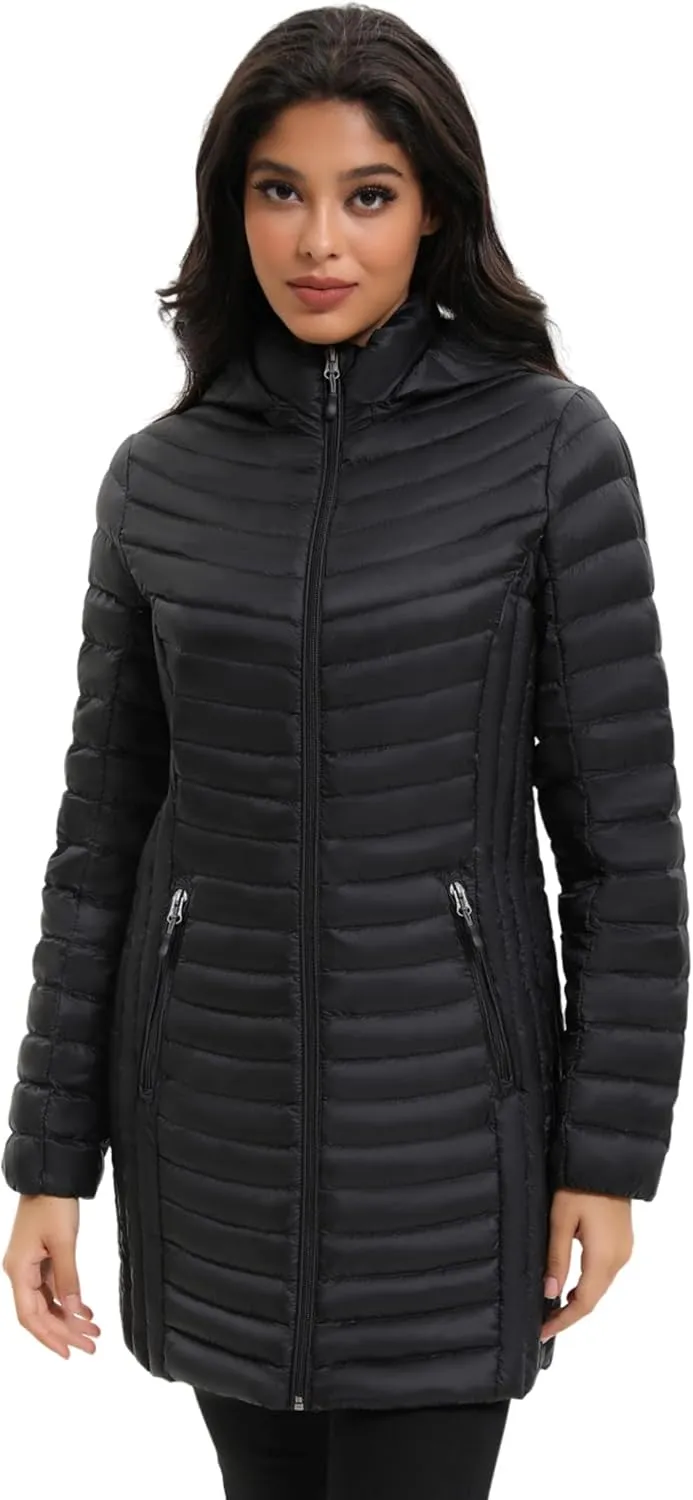 ANOTHER CHOICE Women Ultralightweight Down Coat, Winter Puffer Jacket with Detachable Hood Stretchy Panel Rollable